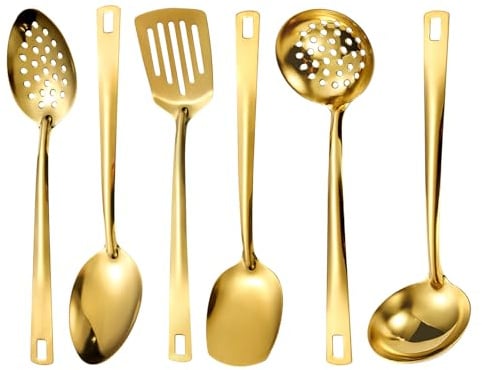 Juego de 6 utensilios de cocina dorados, juego de cubiertos, cubiertos dorados, acero inoxidable, cocina de acero inoxidable con cuchillo, tenedor, cuchara, juego de cutería para el hogar, restaurante