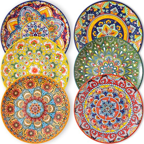 NTKOW 6pc Salad Plates Set of 8 Inch Ceramic Dessert Plate, Small Dinner Plate Set, Microwave, Oven and Dishwasher Safe, Colorful Bohemian Style Dishes for Kitchen