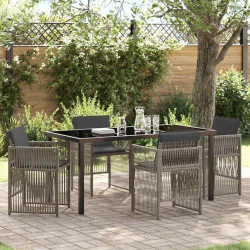 Tonture Garten Essgruppe 5-teilig, Grau Poly Rattan, Klappbare Stühle, Glastisch, für Terrasse und Balkon, wetterfest, pflegeleicht