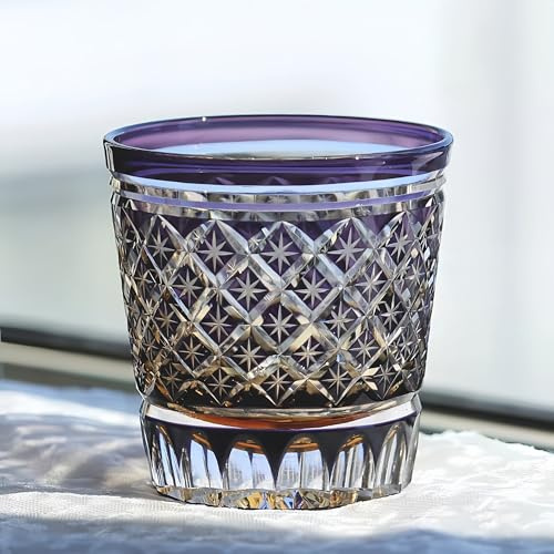 suigetsu Edo Kiriko Japanisches Whiskyglas aus Kristall, violettes Diamantmuster, handgeschliffenes Vintage-Trinkglas ohne Stiel, für Bourbon und Cocktails