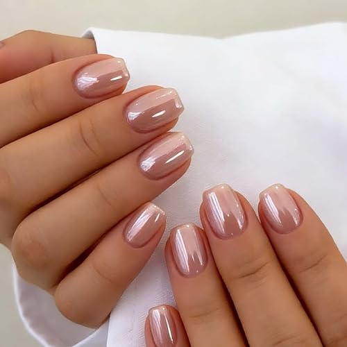 Chrome Press On Nails Short Square, Nude Pink Fake Nails with Glazed Glitter Finish, Acrylic Gel Stick on Nails for Women Daily Wedding Wear