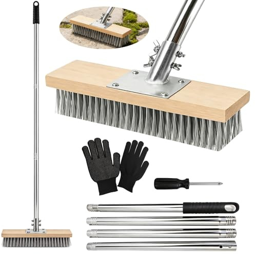 Balai Métallique Robuste Manche Télescopique 150cm Brosse 40cm Acier | Enlever Mousse et Mauvaises Herbes, Nettoyage Puissant, Pour Terrasse, Jardin et Piscine