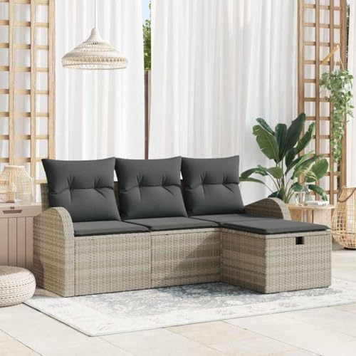 Keeushr 4-teiliges Sofa-Set mit Kissen und Stauraum in Hellgrau aus Poly-Rattan, Outdoor-Gartenset mit modularen Sitzmöbeln für Terrasse, Flexibles Sitzgruppen-Ensemble mit robustem