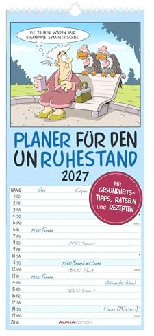 Planer für den Unruhestand 2027: Familienplaner 19,5x45 cm mit 3 Spalten, lustigen Rentner-Cartoons, Schulferien & deutschem Kalendarium, für Senioren & Familien