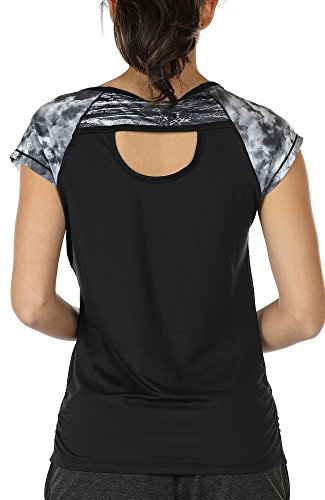 icyzone Damen Sport T-Shirt Kurzarm Laufshirt Rückenfrei Fitness Oberteile Gym Yoga Top (XL, Storm/Black)