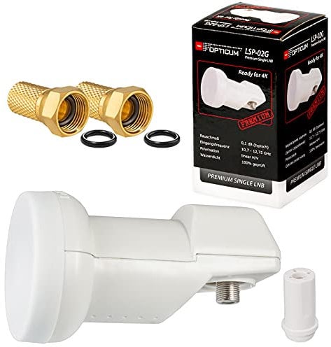 HB-DIGITAL SINGLE LNB WHITE PREMIUM Wieß Weiss NUR 0,1 dB UNIVERSAL ! SEHR RAUSCHARM Opticum LSP-02G + Gummitülle + 2 vergoldete F-Stecker GRATIS DAZU