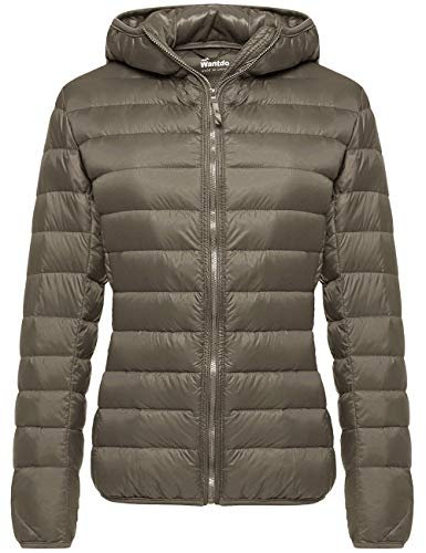 Wantdo Femme Veste en Duvet Manteau Matelassé à Capuche Léger Compressible Veste Coupe-Vent Isolée de Montagne à Capuche Mince Veste d'Extérieur Courte Kaki Profond M