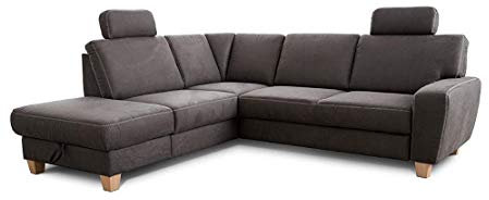 Cavadore Ecksofa Wisconsin mit Vorziehsitz / Eckcouch mit Federkern in Lederoptik / Inkl. 2 Kopfstützen + Bettkasten / Landhausstil / Holzfüße in Buche / 248 x 88 x 218 cm / Dunkelgrau