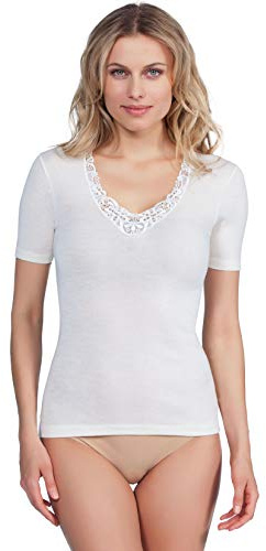 EGI ® T-shirt à manches courtes en laine mérinos de luxe pour femme (XS à XXL). Fabriqué en Italie., Blanc cassé/bordure macramé, Taille XS