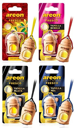 AREON Fresco Auto Duft Vanille Mix Autoduft Flasche Glas Duftflakon Parfüm Flakon Holz Luft Aufhängen Hängend Anhänger Spiegel 4ml 3D (Pack x 4)