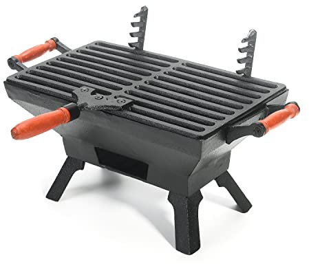 Sungmor Parrilla de barbacoa de hierro fundido resistente – Estufa pequeña parrilla de carbón para interiores y exteriores, 31,5 x 19 cm, rectangular, parrilla ideal para barbacoas, camping, picnics,