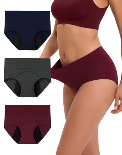 INNERSY Culotte Regles Femme Coton Slip Menstruelle Flux Abondant Shorties Périodique Lot de 3 (X-Small, Marine/Gris/Vin)