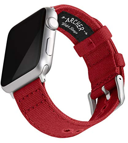Archer Watch Straps - Cinturini in Tela per Apple Watch (Rosso Carminio, Argento, 44/45/46/49mm)
