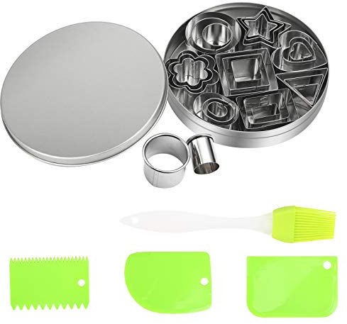LAMEK 24pcs Mini Cookie Cutters,Stainless Steel Biscuit Cutter Molds Set Triangle Round Oval Flower Heart Rectangle Square Pentagram with Cutting Scraper Silicone Brush for DIY Baking Pastry