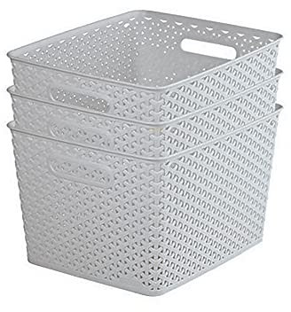 Curver My Style Aufbewahrungskörbe in Rattan-Optik, 3er-Set, für Küche, Wohnzimmer, Badezimmer, Schlafzimmer, große rechteckige Aufbewahrungskörbe, 18 l, Hellgrau