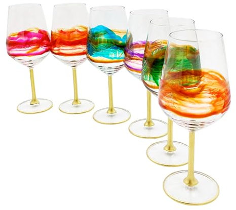 Perle d'Arte - Set mit 6 Starlight Weingläsern 50 cl – Mehrfarbiges Kristall, Handbemalt – Murano-Stil, Venedig
