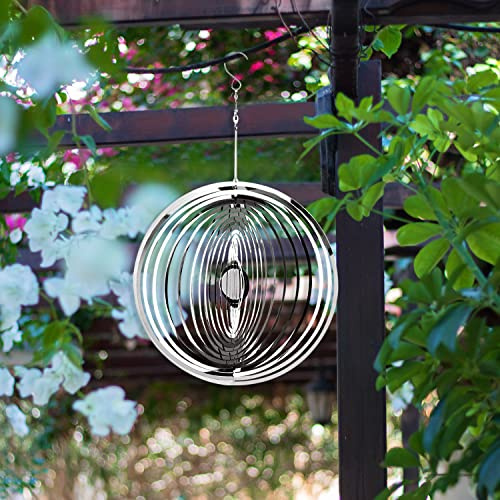 Windspiel für den Außenbereich, Metalldekorationen, 30.5 cm, silberfarbene Windspiele für Hof und Garten, 3D-Spiegel, Edelstahl, zum Aufhängen, Gartendekoration, lohnt sich als Geschenk (rund)