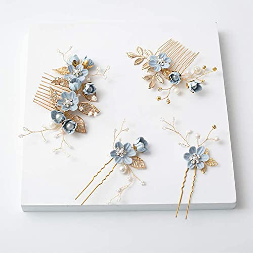 4 Stück Haarschmuck Hochzeit,Kristall Perlen Brautschmuck Haarkamm,U-förmig Haarspangen Strass,Blumen-Hochzeits-Haarkamm,für Braut und Brautjungfer