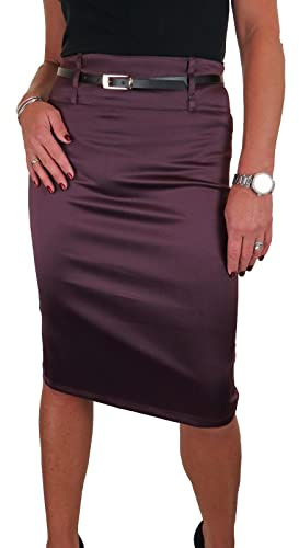 icecoolfashion Women's Stretch Satin Below Knee Bodycon Pencil Skirt with Belt Party Evening Business Bordeaux Wine (18)