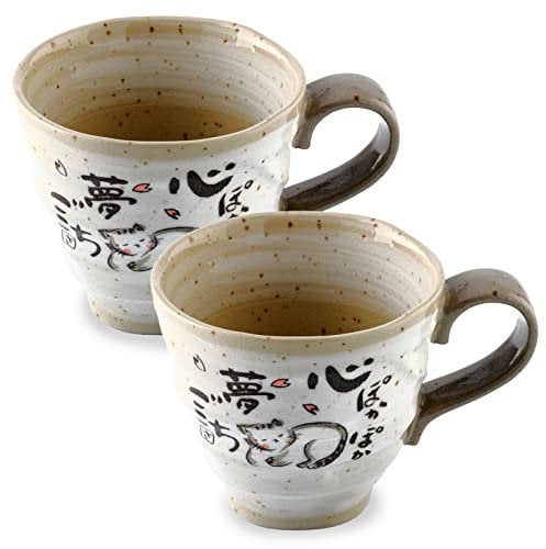 Cat Mug Set of 2, Japanese Handmade Ceramic Coffee Mug, Japanese Tea Cups, 8.8 oz