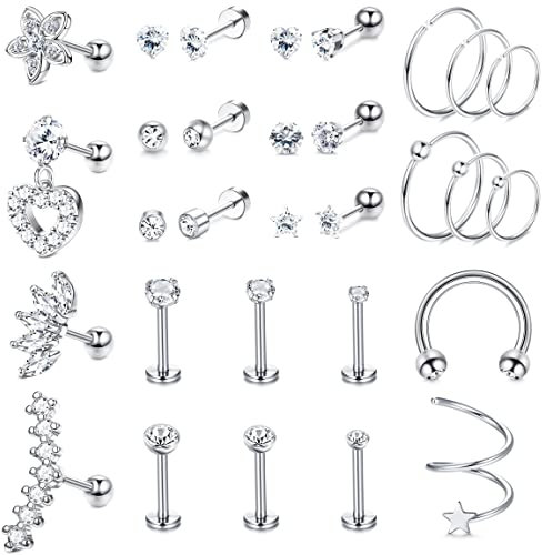 Milacolato 30Pcs Piercing Ohr für Damen Edelstahl,Forward Helix Tragus Conch Piercings Ohr Set,Septum Labret Piercing Clicker Ring,Helix Ohrknorpel Ohrpiercing Piercing Stecker Schmuck Silber