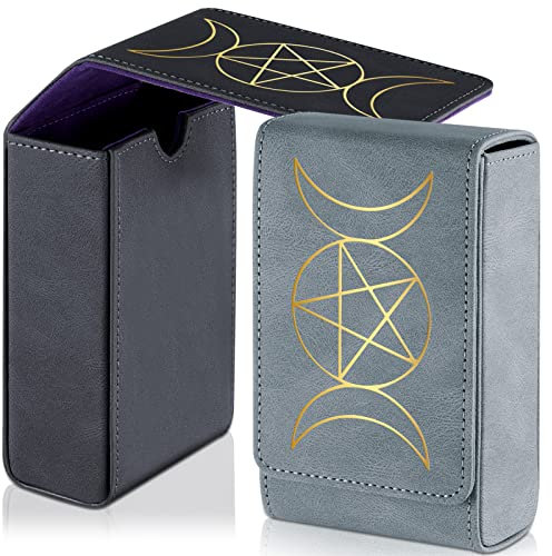 Skylety 2 Packs Tarot Card Case Holder Leather Sun Moon Design Tarot Card Box Grey Black Tarot Deck Holder Universal Game Tarot Deck Box Tarot Organizer Storage Box for Most Standard Size Tarot Cards