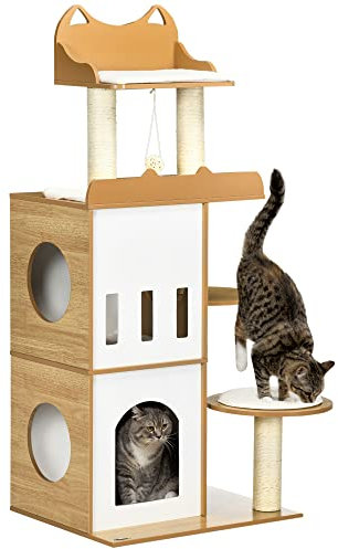 PawHut Arbre à Chat Arbre à Grimper Hauteur 133 cm griffoirs grattoirs 2 niches Plate-Formes 5 Coussins sisal Naturel Blanc