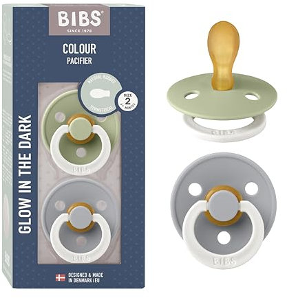 BIBS Colour Symmetrical Glow Schnuller 2er-Pack, BPA-frei. Leuchtet im Dunkeln, Symmetrischer Nippel. Naturkautschuk/Latex, Hergestellt in Dänemark. Größe 2 (6-18 Monate), Sage Glow/Cloud Glow
