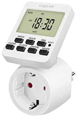 LogiLink Digitale Zeitschaltuhr mit IP20 Schutz und 180° drehbarem Display, individuell programmierbar, Weiß