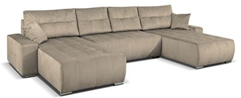 MargaretHadas24 Ecksofa U-Form MEDIOLAN III mit Schlaffunktion und Bettkasten 362 cm Wohnlandschaft Sofa XXL (Paros 02 - beige)
