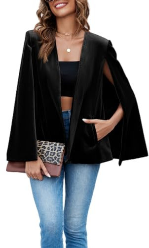 Cicy Bell Women's Velvet Cape Blazer Jackets Casual Split Long Sleeve Open Front Coat, Black, L