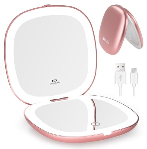 WOBSION Travel Mirror with Light for Makeup, 1x/10x Magnifying Compact Mirror for Handbag, 10cm Rechargeable Pocket Mirrors, 2-Side Dimmable Led Light up Mirrors, Handheld, Gifts for Women, Rose Gold