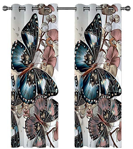 2 Stücke Blickdichter Vorhang 3D Floraler Schmetterlingsdruck Muster Verdunklungsvorhänge Schlaufen Gardinen Kälteschutz & Hitzeschutz Ösenschal Für Schlafzimmer Wohnzimmer Fensterdekoration 160X210C