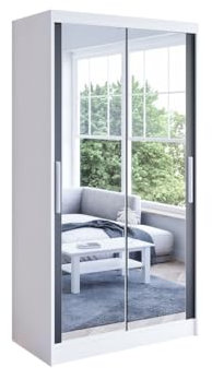 Easy4You K7 100 cm Weiß/Schwarz Schiebetüren Kleiderschrank 100x200x58 cm mit Spiegel - Schlafzimmermöbel, Aufbewahrung - Mehrzweckschrank