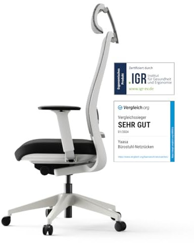 Yaasa Chair Expert Bürostuhl Ergonomisch mit Kopfstütze Weiß – Schreibtischstuhl mit Lordosenstütze, 4D-Armlehnen & Flex-Rückenlehne für seitliche Bewegung – Zertifizierte Qualität, 130kg