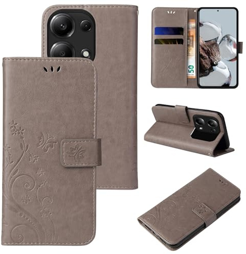 LBH Handy Hülle für Xiaomi Redmi Note 13 Pro Case Handytasche Schmetterling Blumen Flower Standfunktion Schutzhülle Magnet Rundum Schutz 360 Grad Flipcase Cover Grau