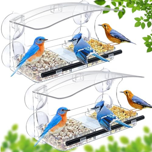 WLLKOO Window Bird Feeder 2 Pack with Strong Suction Cups, Clear Bird feeders for Viewing, Bird Feeders for Outdoors Outside with Drain Holes
