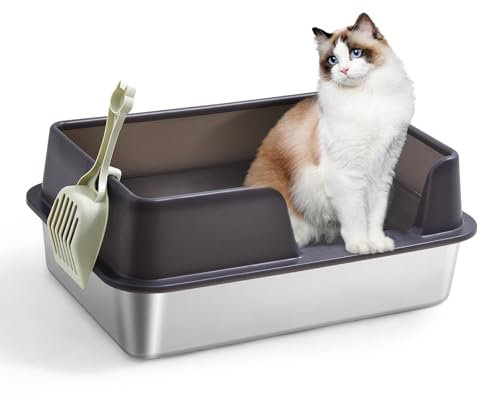 XL Stainless Steel Cat Litter Box, Large Cat Litter Tray with High Sides Anti Leakage, Odor Control, Metal Litter Box with Anti-slip Bottom, Easy Cleaning Kitten Litter Tray for Cats, Black