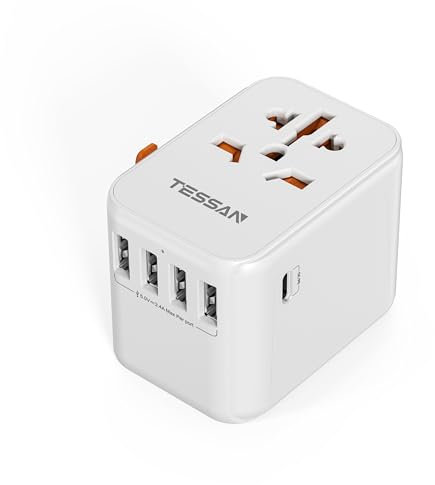 TESSAN Universal Power Adapter, International Plug Adapter with 5 USB Outlets(1 USB C), Travel Worldwide Essentials, Worldwide Power Outlet for US to Europe European England EU UK AUS (Type C/G/A/I)
