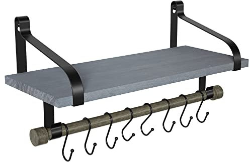 Love-KANKEI Wall Shelves for Kitchen Rustic Wood Kitchen Organizer with Hooks, Floating Shelves with Wood Rail Grey