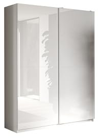 möbelando Schwebetürenschrank >Salva< Schwebetürenschrank >Salva< in Weiss Hochglanz Lack/Weiss Melamin im Italian Design mit 2 Schiebetüren, 2 Böden, 4 Kleiderstangen - 180x230x55cm (B/H/T)