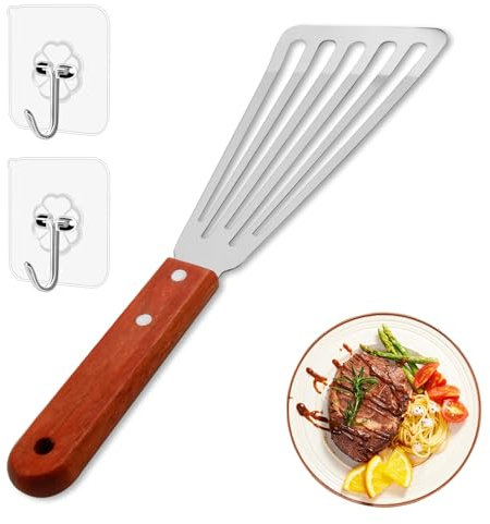Spatola in acciaio inox flessibile e antiruggine, con fessure e manico in legno, design smussato per pesce, carne e uova, spatola sottile per tutti i piatti e la cucina, 28 cm