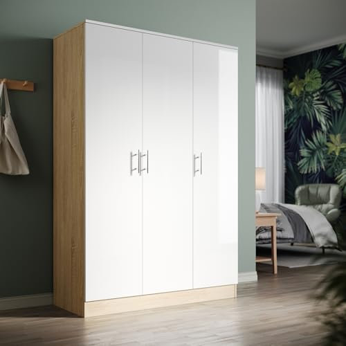 ZANOFIRA 3 Doors Chest of Drawers with Hanging Rail and 5 Shelves, Modern High Gloss & Matt Chest of Drawerss with Large Capacity for Bedroom, White Oak