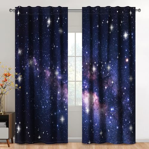 Kzzfqxb 132×214cm Sternenhimmel Vorhangset aus 2 Paneelen, Mysteriöser schwarz-lila Galaxie-Sternenhimmel Vorhang für Jungen und Mädchen, Schlafzimmer Wohnzimmer Drape Vorhänge