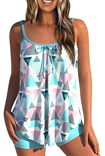 Maillot De Bain Femme 2 Pieces Grande Taille Tankini Taille Haute Menstruelle Ensemble Maillot De Bain Shorty Amincissant Push Up Bikini D'été Pas Cher Marque Swimwear(Bleu,5XL)