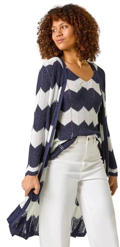 Roman Chevron Stripe Shimmer Longline Cardigan for Women UK Ladies Spring Everyday Summer Holiday Long Sleeve Soft Lightweight Comfy Daywear Jumper Vacation Sweaters - Navy - Size 18