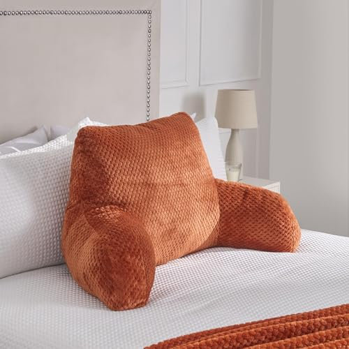 OHS Reading Cushion for Bed Adult, Waffle Cuddle Cushion Super Soft Cosy Pillow with Arms Support Pillows for Sitting up in Bed Fleece Pillow for Adults - Rust
