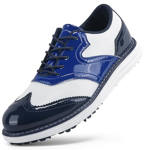 Hiuzylqx Zapatos de Golf para Hombre, clásicos, sin Clavos, Impermeables, para Portes de Golf, Profesionales, para Exteriores,White Blue,42 EU