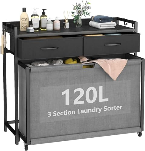 Laundry Basket with 3 Compartments, Laundry Hamper Sorter Cart with Shelf, Laundry Sorter for Organization and Storage with 2 Pull-Out Drawers for Laundry Room, Bathroom, Bedroom Use