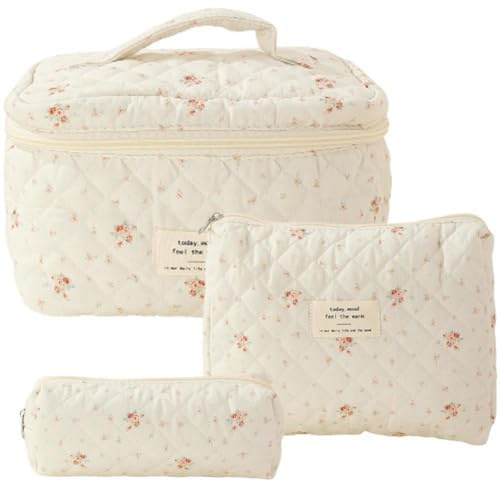 Jooehyer Large Capacity Makeup Bag 3 Pcs Cotton Quilted Makeup Bag Aesthetic Floral Toiletry Bag for Women D